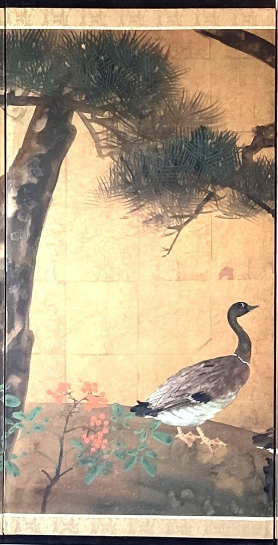 四つ折り屏風　日本画　金箔彩色　松に鴨