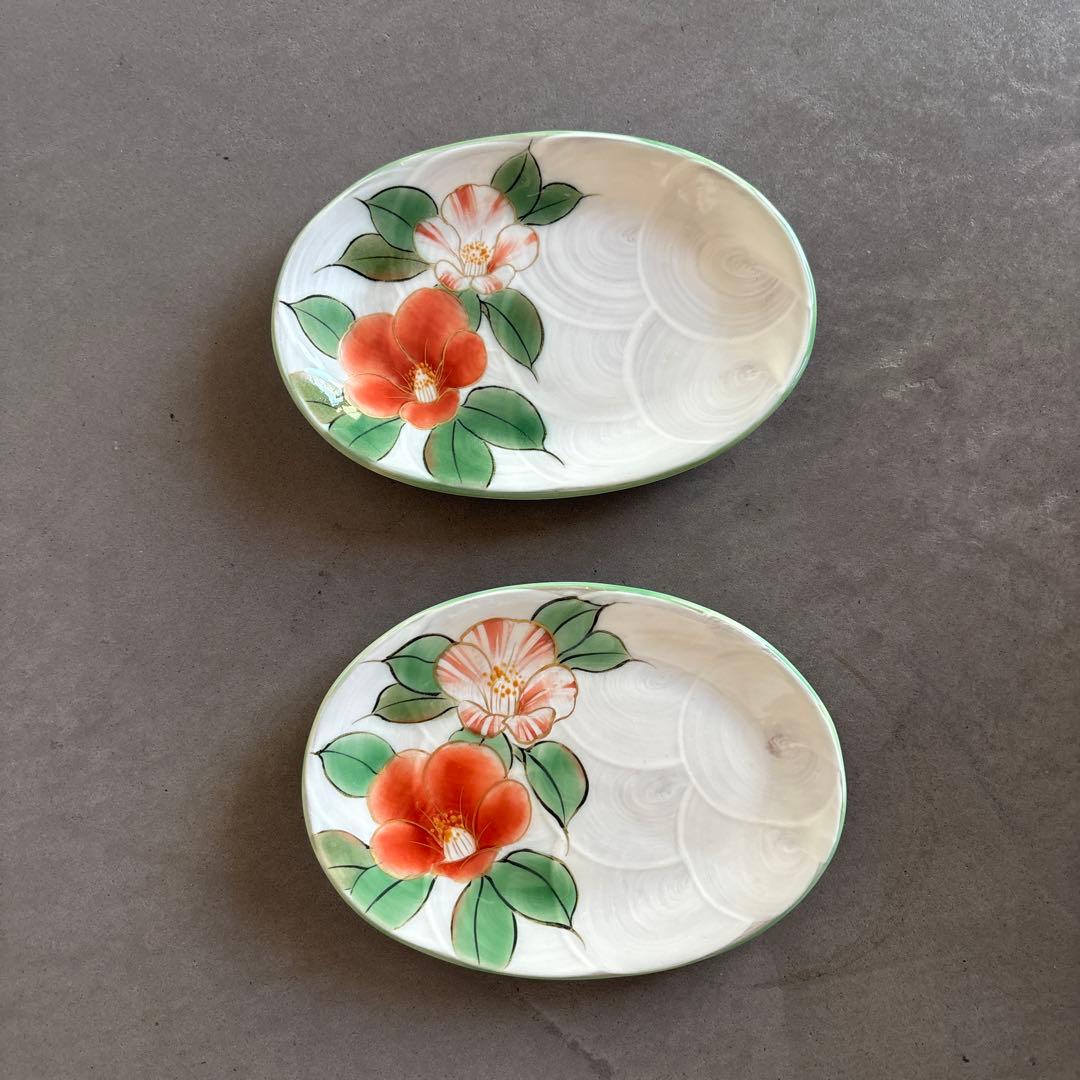 《ほぼ新品》美品　陶あん　京焼　清水焼　白掛彩草花銘々皿　椿　色絵付け　陶葊　皿