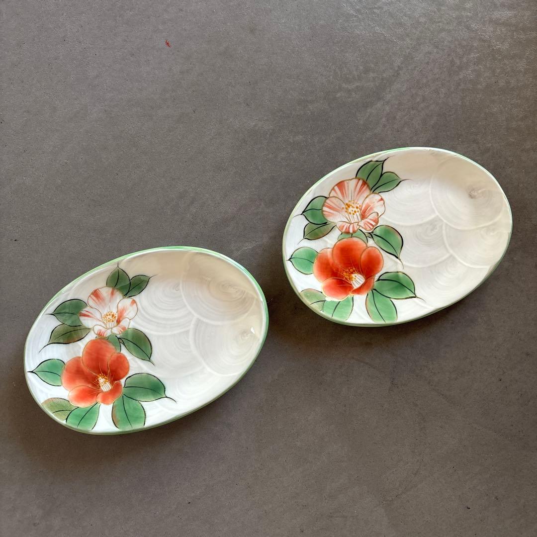 《ほぼ新品》美品　陶あん　京焼　清水焼　白掛彩草花銘々皿　椿　色絵付け　陶葊　皿