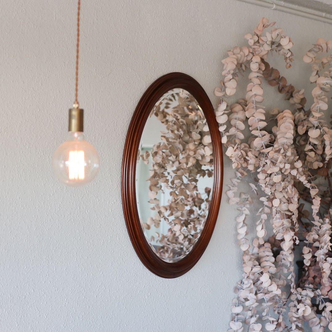 オーバル型 ウォールミラー　ブラウン 木製 楕円形 壁掛け鏡