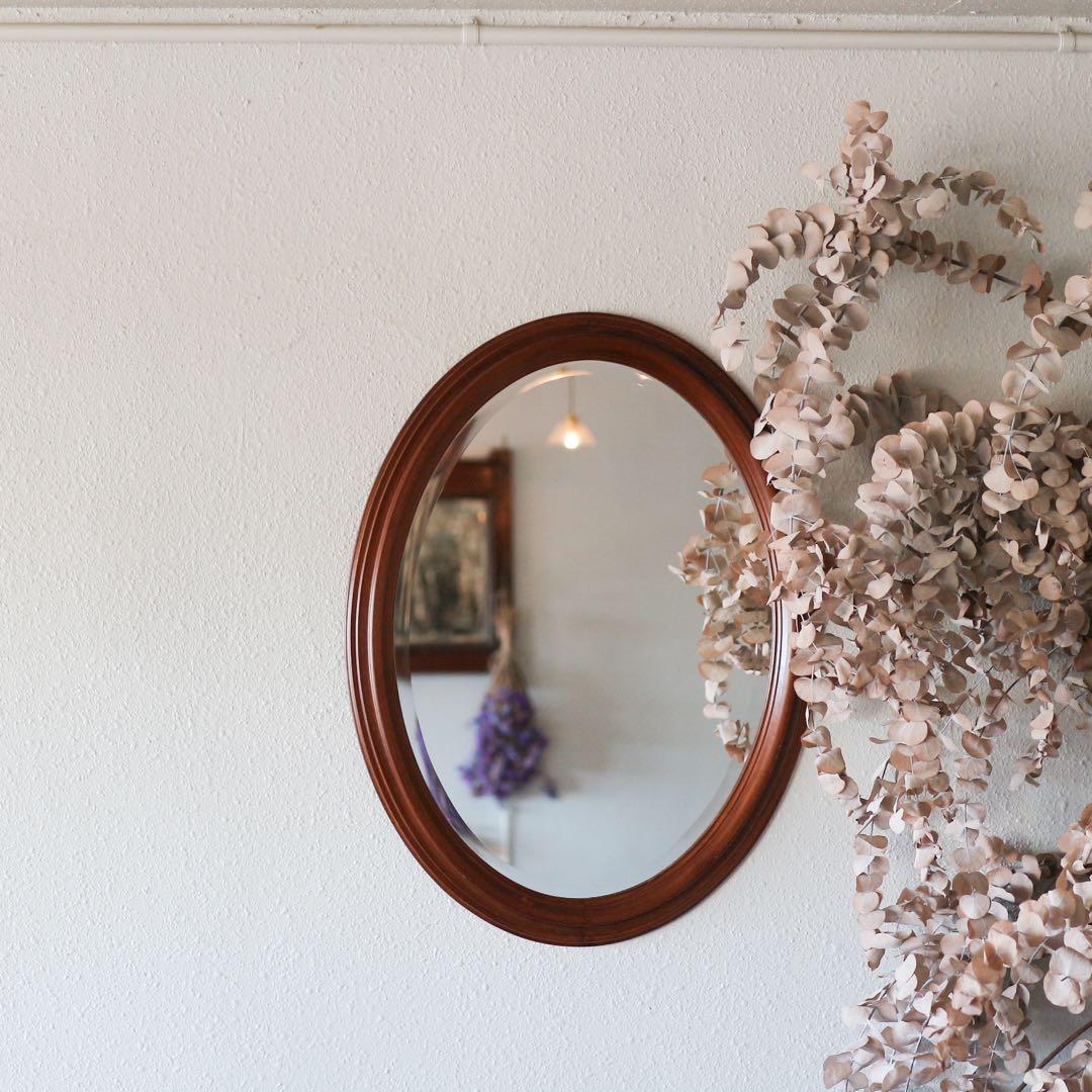 オーバル型 ウォールミラー　ブラウン 木製 楕円形 壁掛け鏡