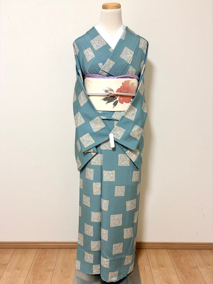 袷　小紋　苺の千代紙　裄70cm 正絹　半衿おまけ付き