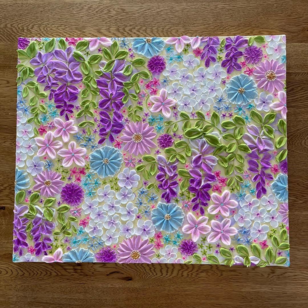 花柄アクリル絵画 藤の花 藤 藤の絵 藤柄 テクスチャーアート ボタニカル