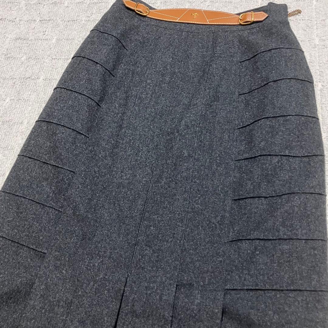 エルメス［カシミヤ混］ロングスカート　馬車　ファソネ　ミディ丈　馬車　レザー