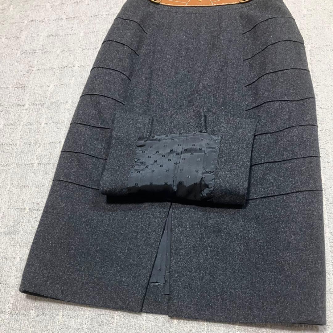 エルメス［カシミヤ混］ロングスカート　馬車　ファソネ　ミディ丈　馬車　レザー