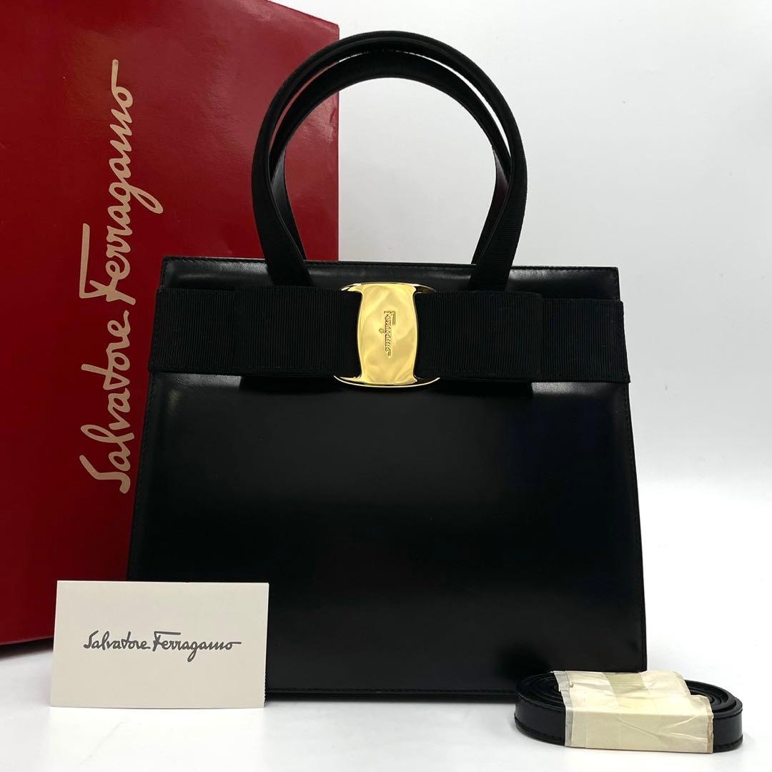 未使用級○ フェラガモ 2way ハンドバッグ ヴァラリボン ブラック