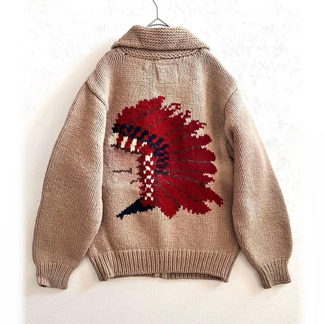【希少】インディアン柄ウールカウチンセーター肉厚フルジップ90s vintage
