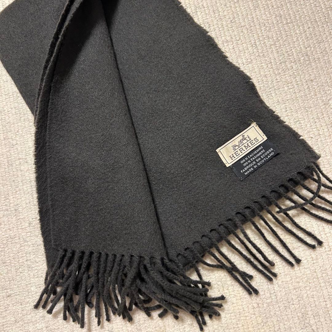 HERMES (エルメス) ロゴ刺繍 カシミア マフラー チャコールグ