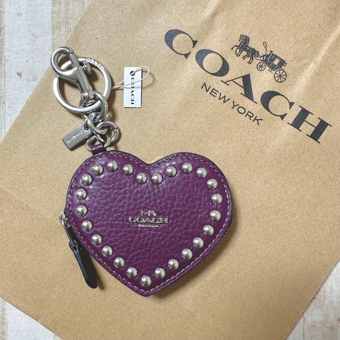コーチ ハート ポーチ スタッズ パープル コインポーチ キーホルダー