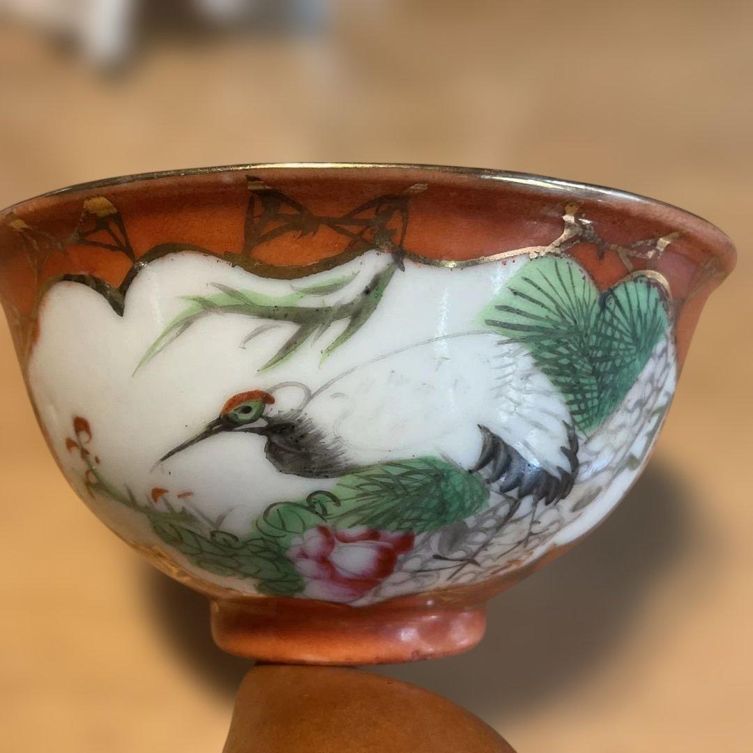 中国民国時代の鶴と草花の絵柄 茶碗 - メルカリ