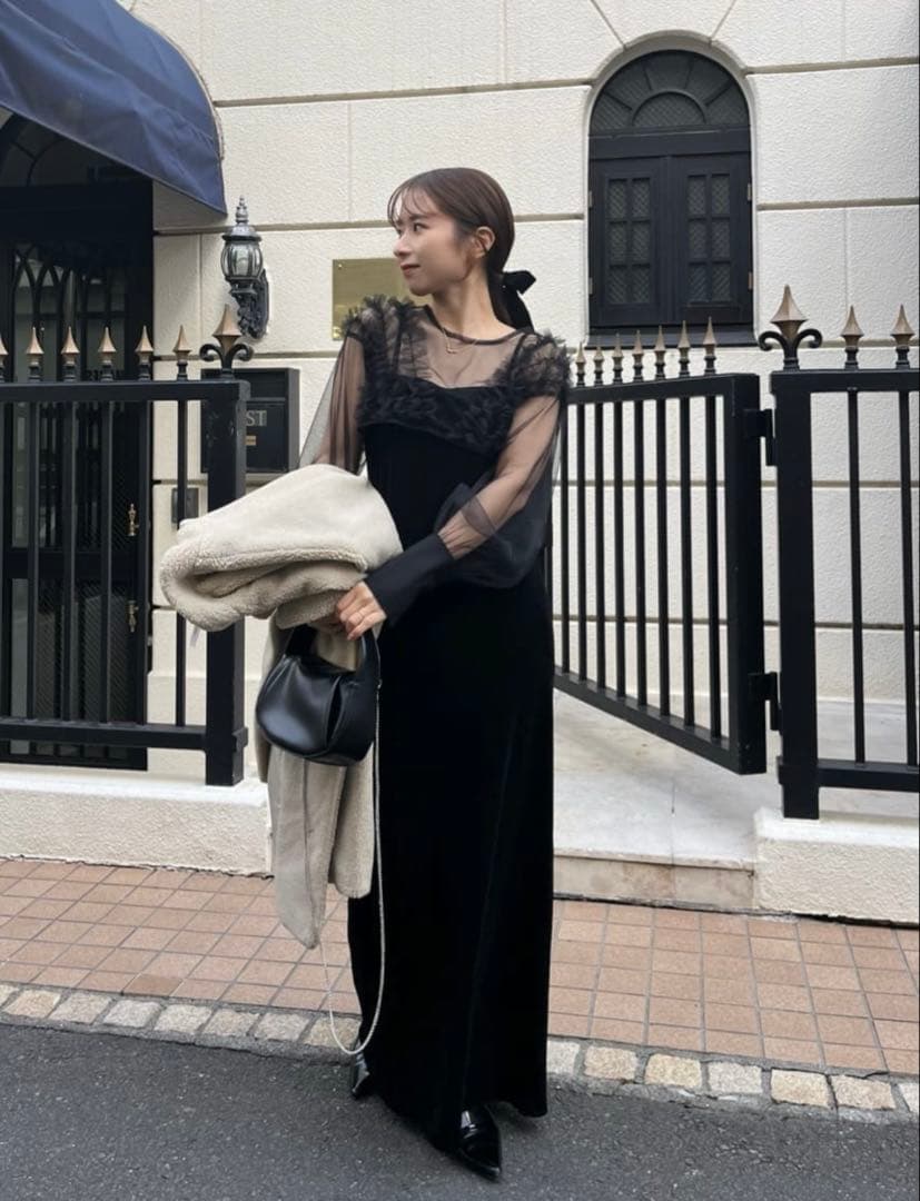 カプリシュレマージュ チュールフリルベロアワンピース オケージョン