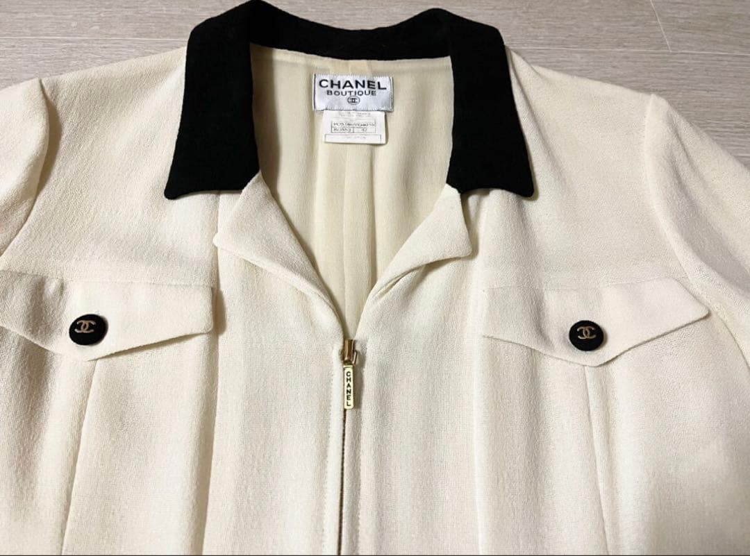 CHANEL 半袖ひざ丈ワンピース アイボリー/ブラック