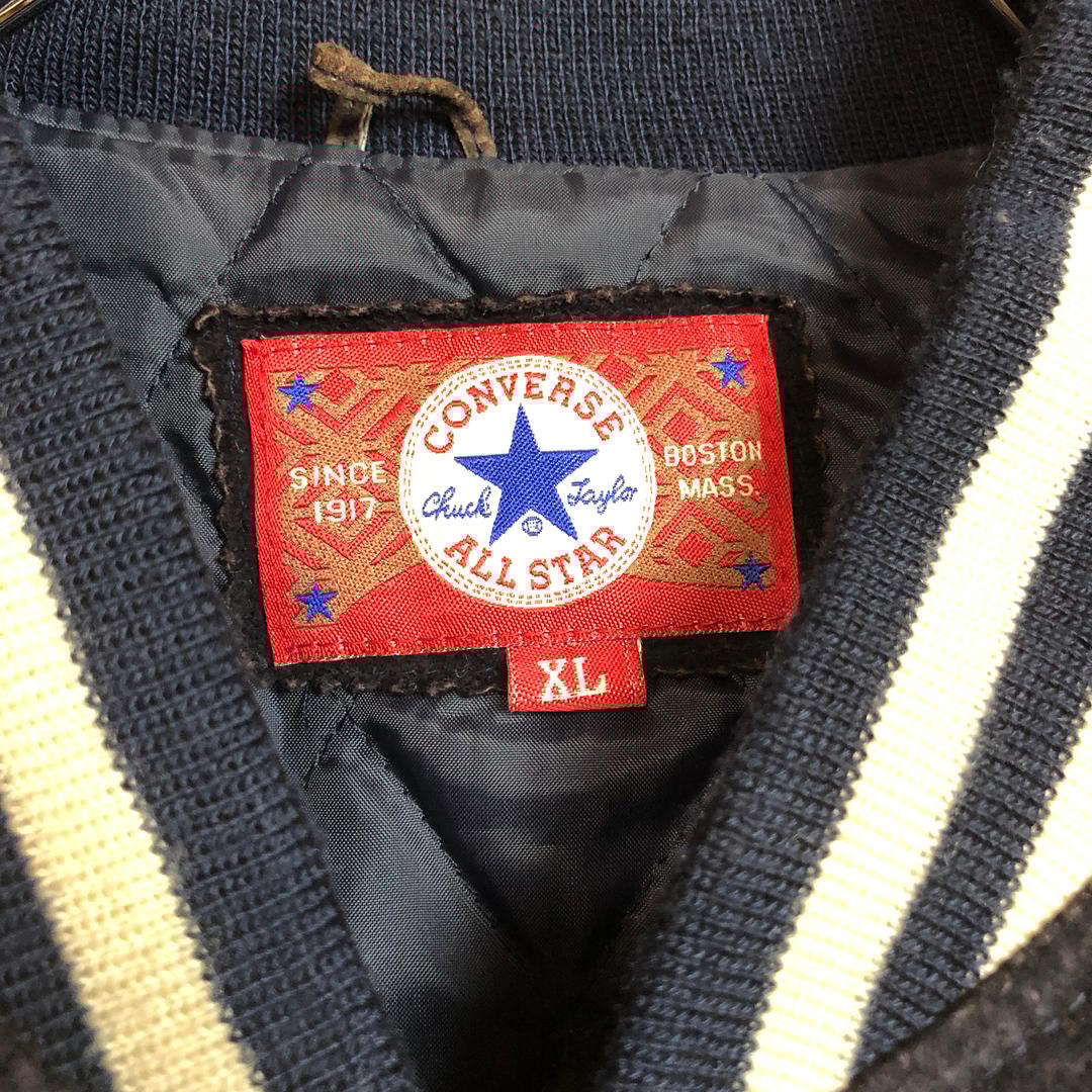 【コンバース レザースタジャン】 本革 刺繍 スエード XL 黒 古着