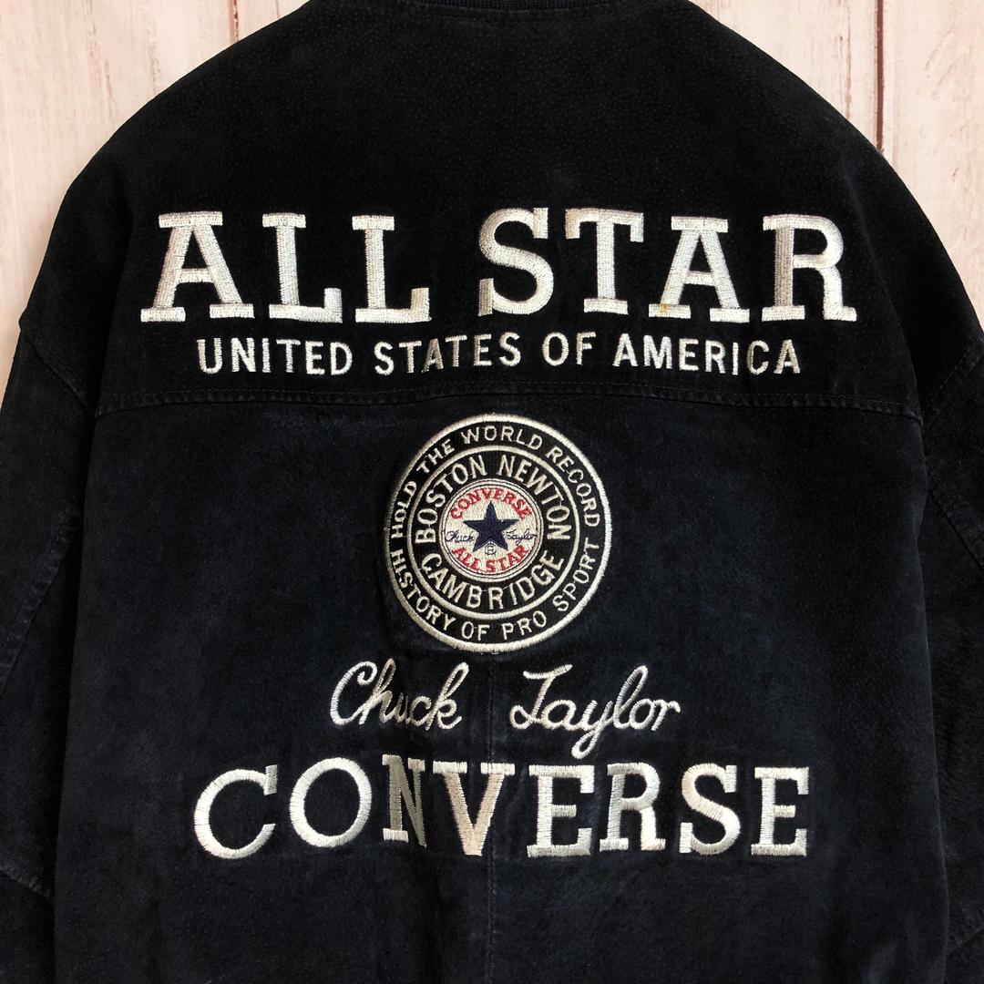 【コンバース レザースタジャン】 本革 刺繍 スエード XL 黒 古着