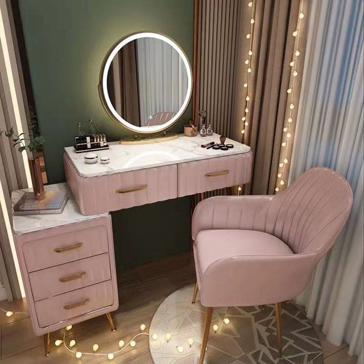 オシャレドレッサー ピンク デスク引き出し2杯LEDミラー 椅子 棚4点