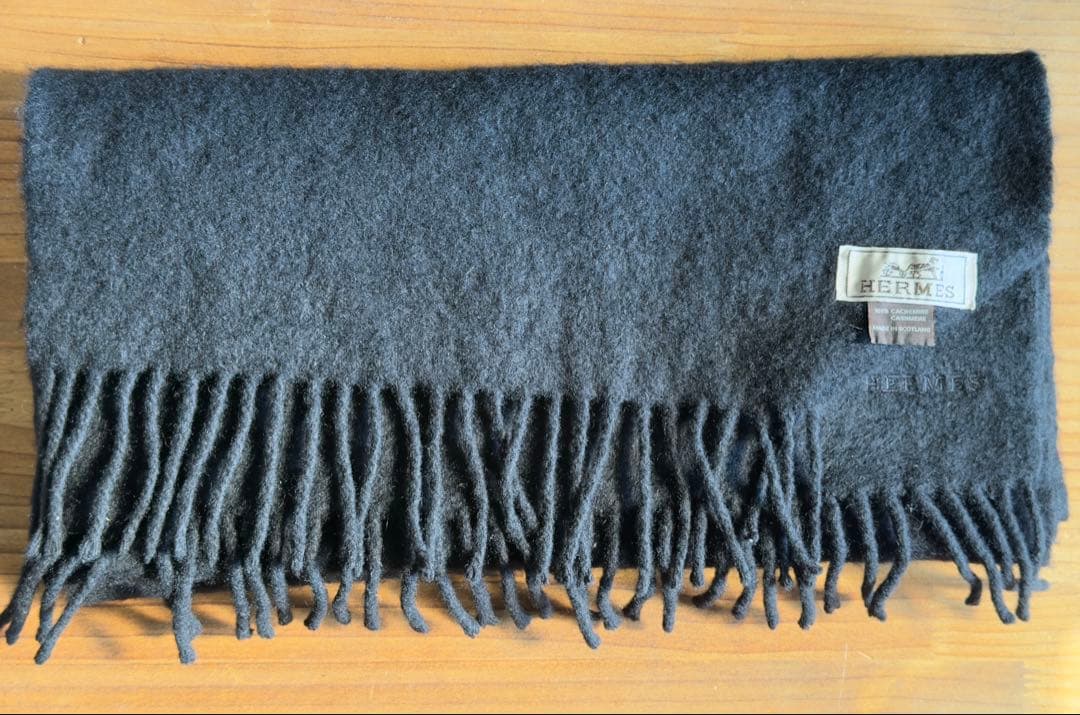 HERMES カシミヤ マフラー ブラック　フリンジ付き