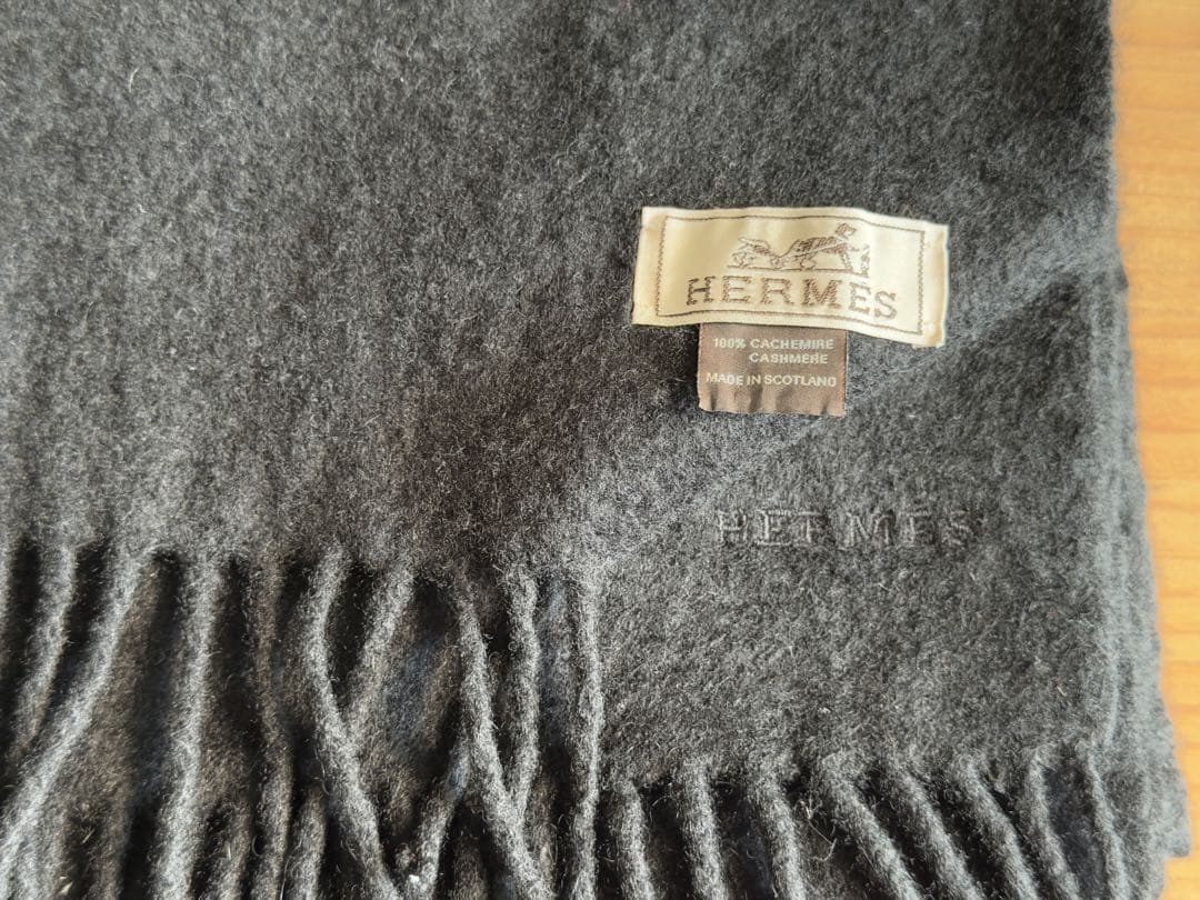 HERMES カシミヤ マフラー ブラック　フリンジ付き