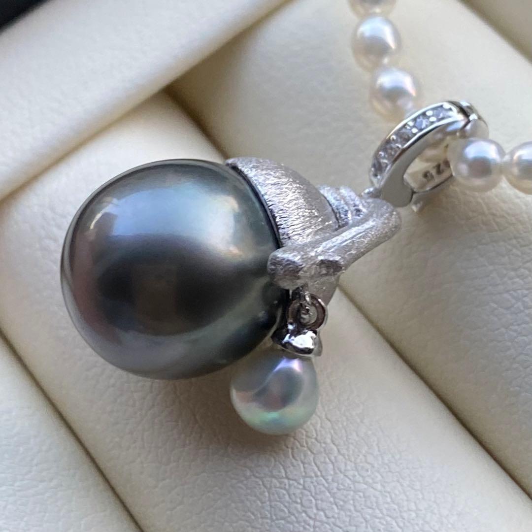 本真珠　南洋黒蝶真珠&あこや真珠ネックレストップ12mmダークグリーンPT826