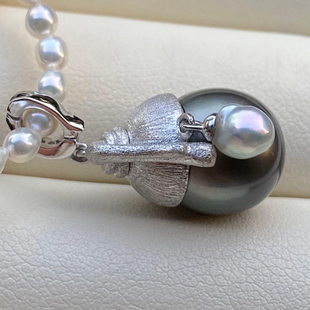 本真珠　南洋黒蝶真珠&あこや真珠ネックレストップ12mmダークグリーンPT826