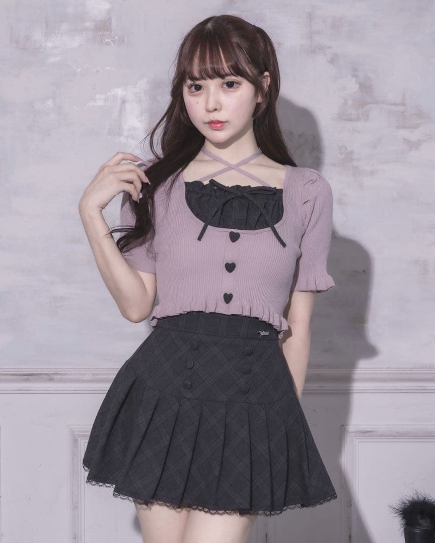 pium フロントボタンチェックプリーツミニスカート ブラックチェック