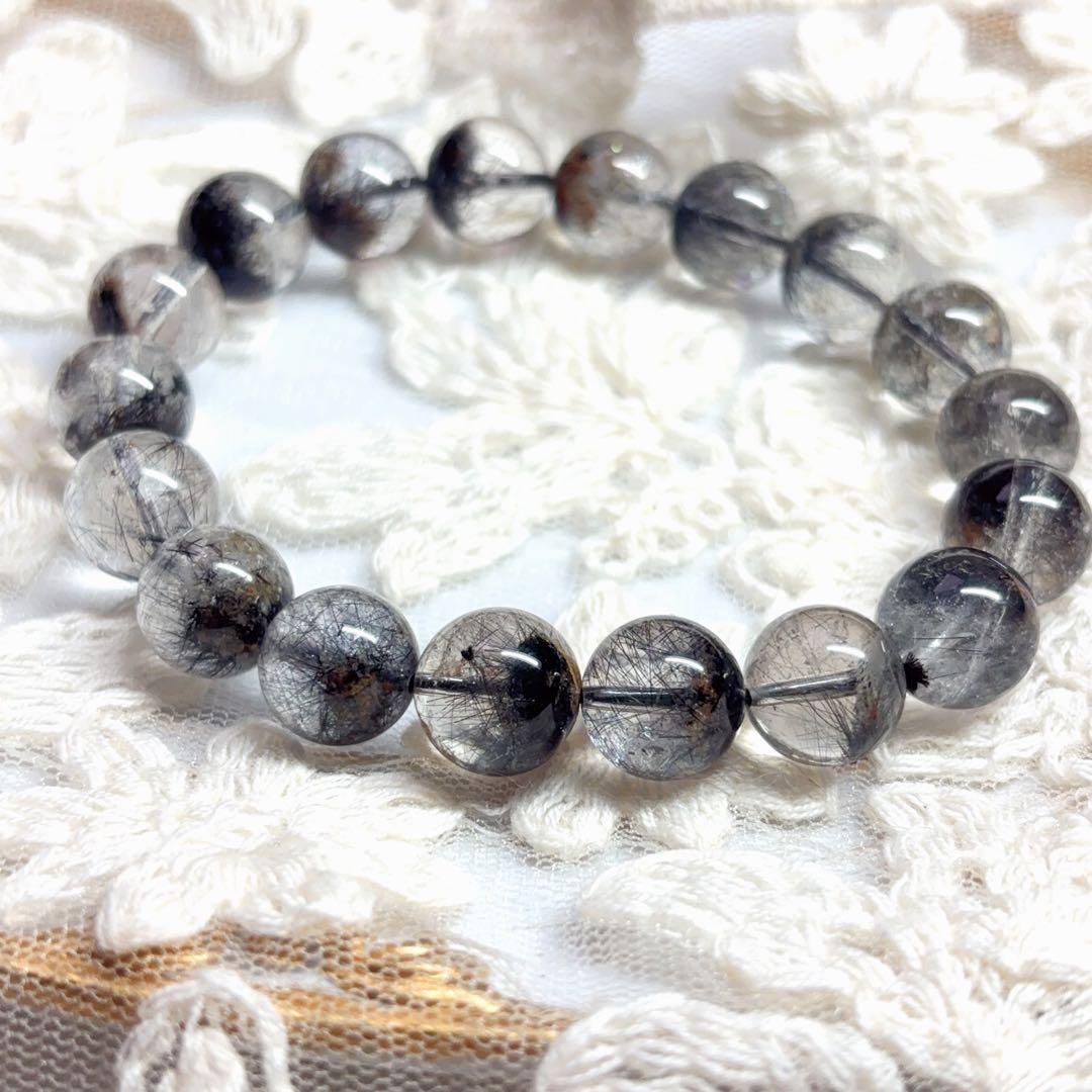 高透明 ブラックルチル ガーデンクォーツブレスレット 虹入り 金運魔除 11mm