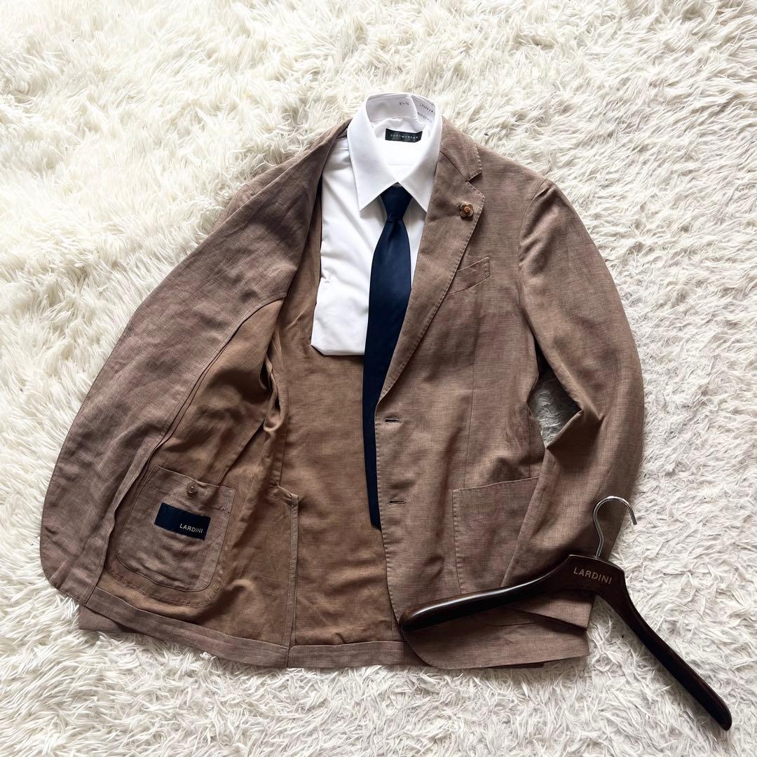 <美品>LARDINI 新ロゴ ブラウン 春夏 リネン テンセル ジャケット48