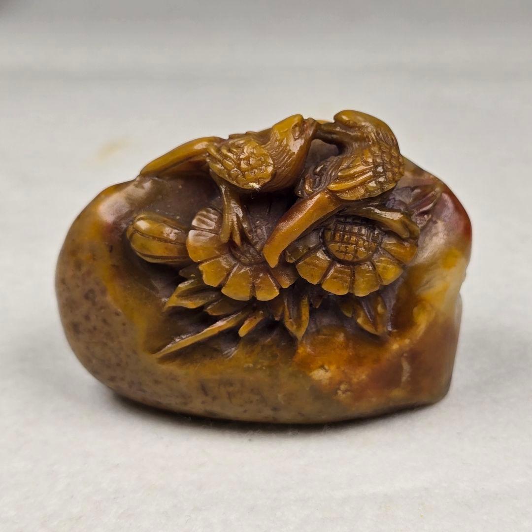 古文房具 本物寿山石 手彫 篆刻 比翼鳥紋 雅趣印章 置物 清代山彦作