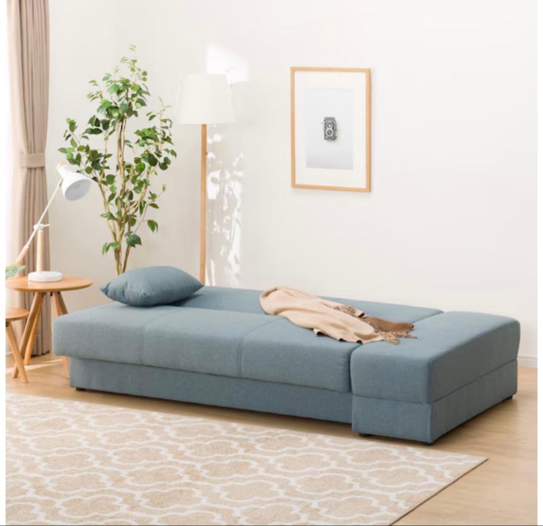 ※現地引き取り限定　ブルー ソファベッド 収納機能付き