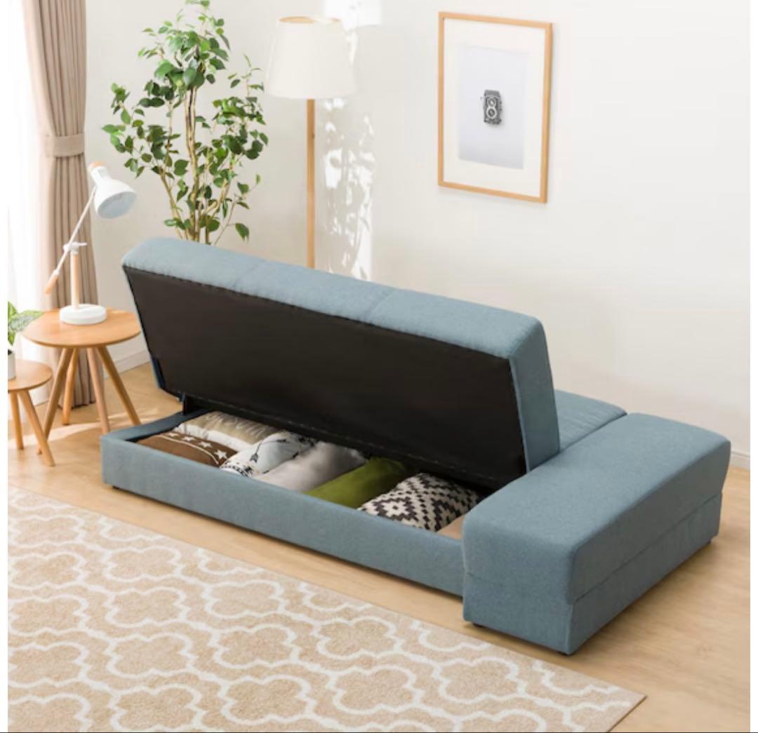 ※現地引き取り限定　ブルー ソファベッド 収納機能付き