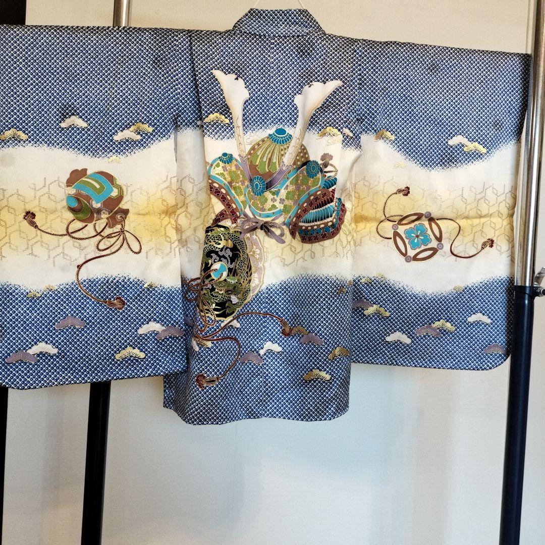 七五三　5歳男子　羽織袴セット　青色 雲模様 正絹　草履セット