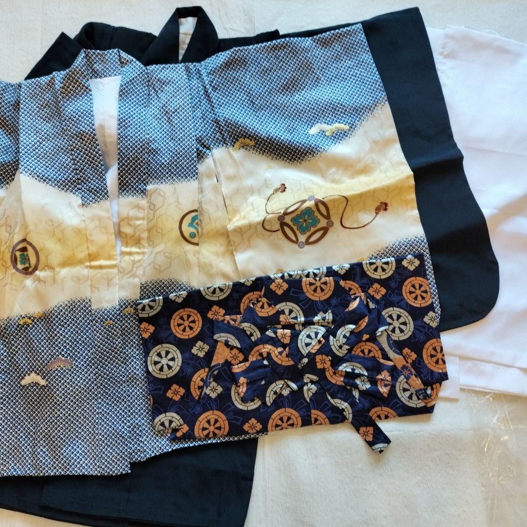 七五三　5歳男子　羽織袴セット　青色 雲模様 正絹　草履セット