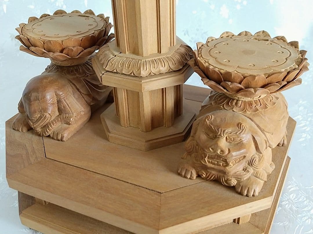 八角三尊台座 釈迦三尊用 獅子・象付き ◇白檀 木彫 仏像付属