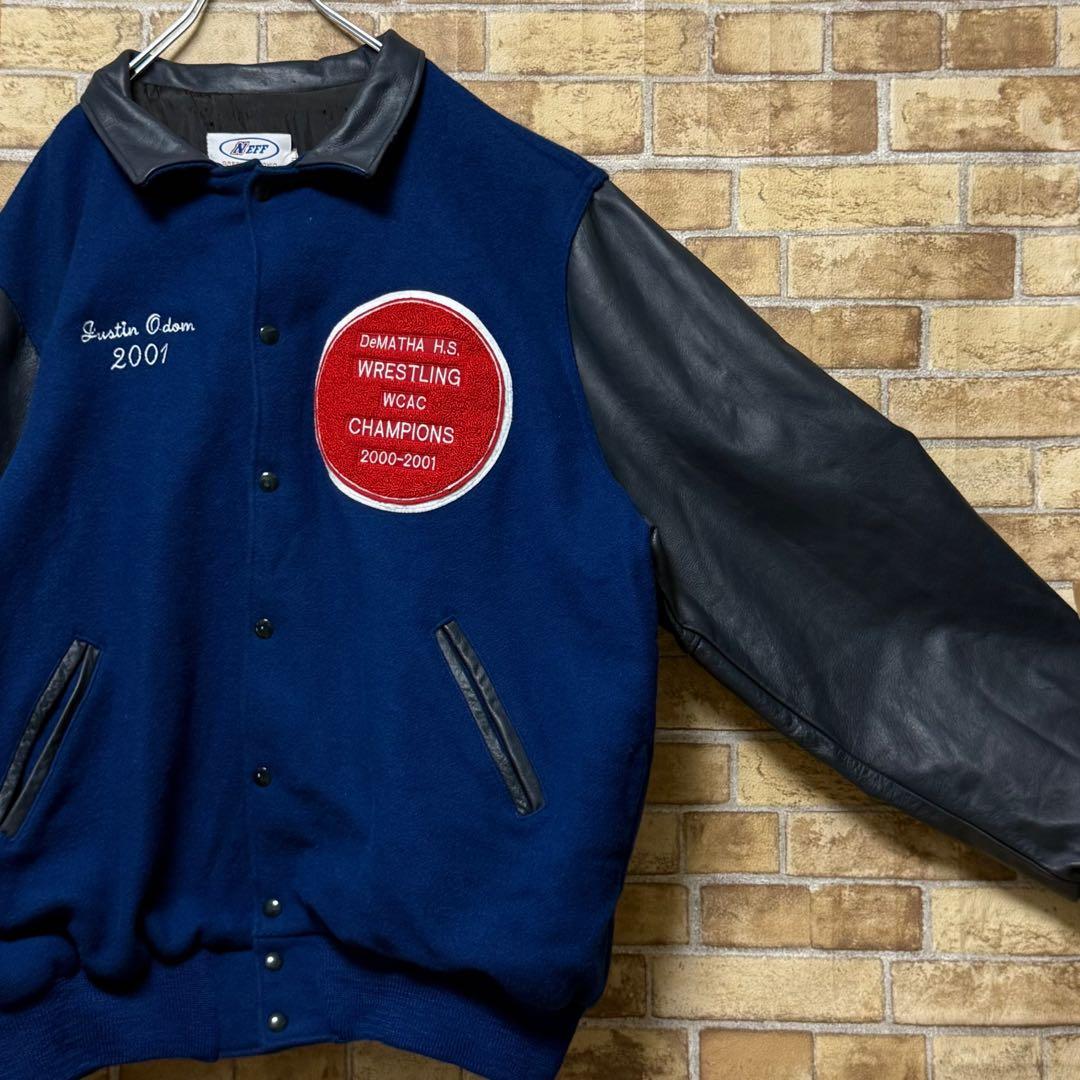 NEFF ネフ USA製 袖革ウールスタジャン レザー ビッグシルエット3XL.