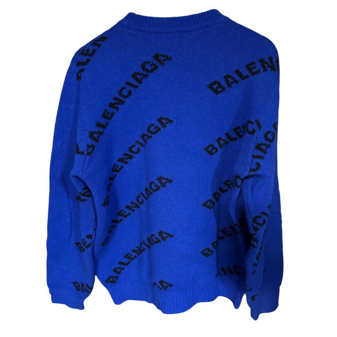 BALENCIAGA ロゴ 総柄 ニット セーター ブルー 正規品 L 18AW