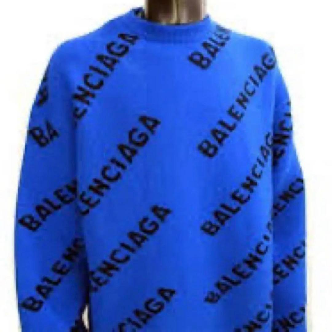 BALENCIAGA ロゴ 総柄 ニット セーター ブルー 正規品 L 18AW