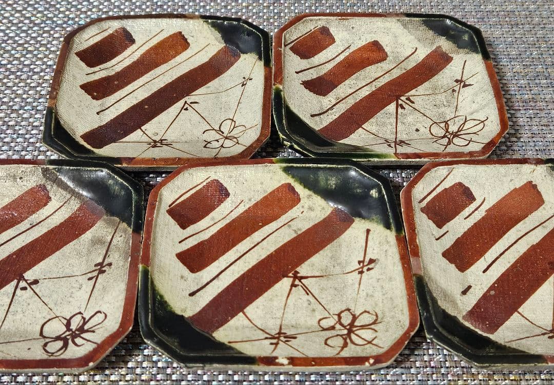 【本物保証❗】江戸時代　古織部　四方皿 手塩皿　菓子皿　5客揃い　茶道具　伝世箱