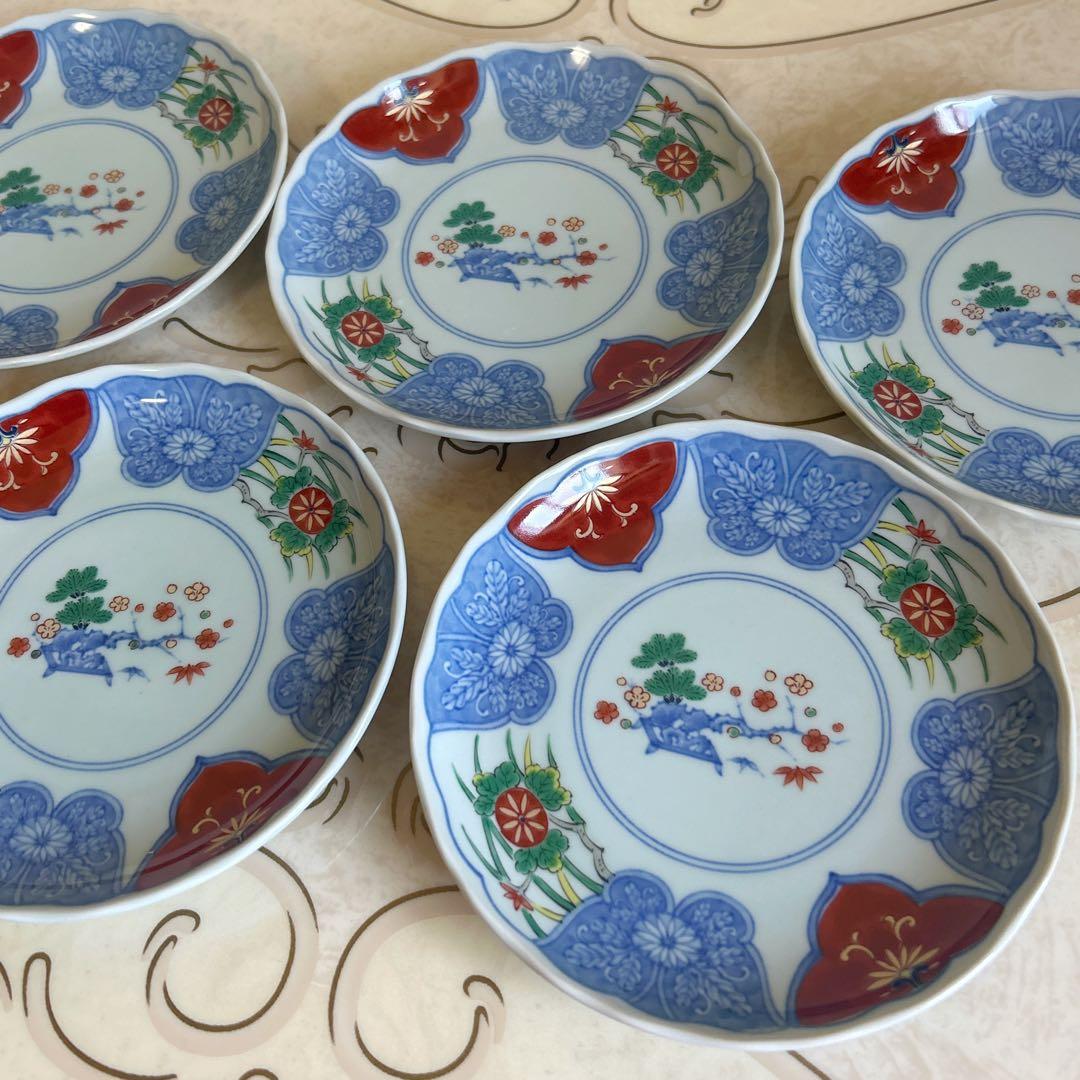 有田焼 清秀 金彩古伊万里 銘々皿揃 5枚セット 染付 中皿 取り皿 色絵