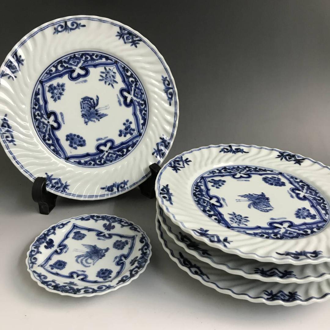 山本長左作 九谷焼 染付 花鳥文 皿 4客 輪花皿 径20cm×4 11㎝×1