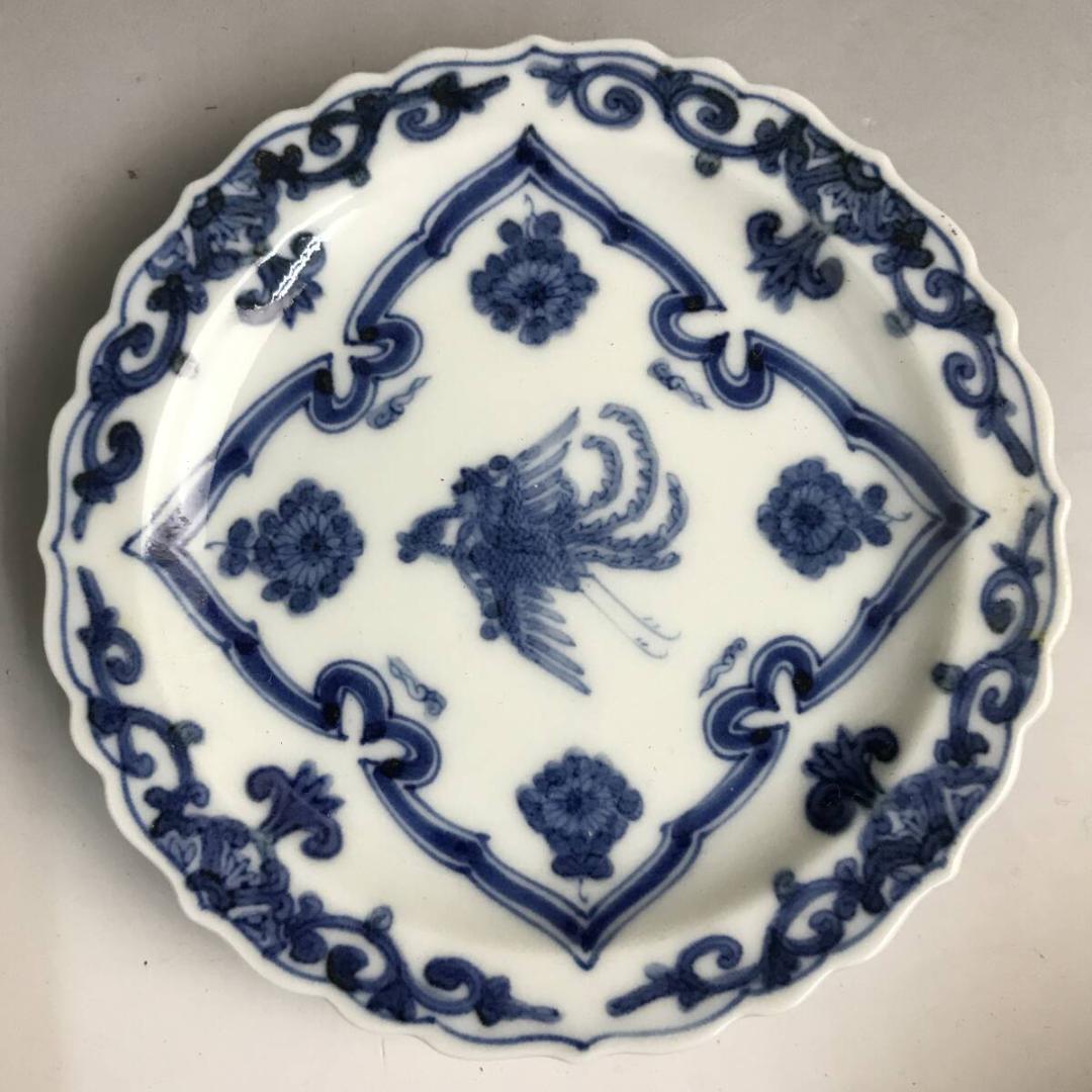 山本長左作 九谷焼 染付 花鳥文 皿 4客 輪花皿 径20cm×4 11㎝×1