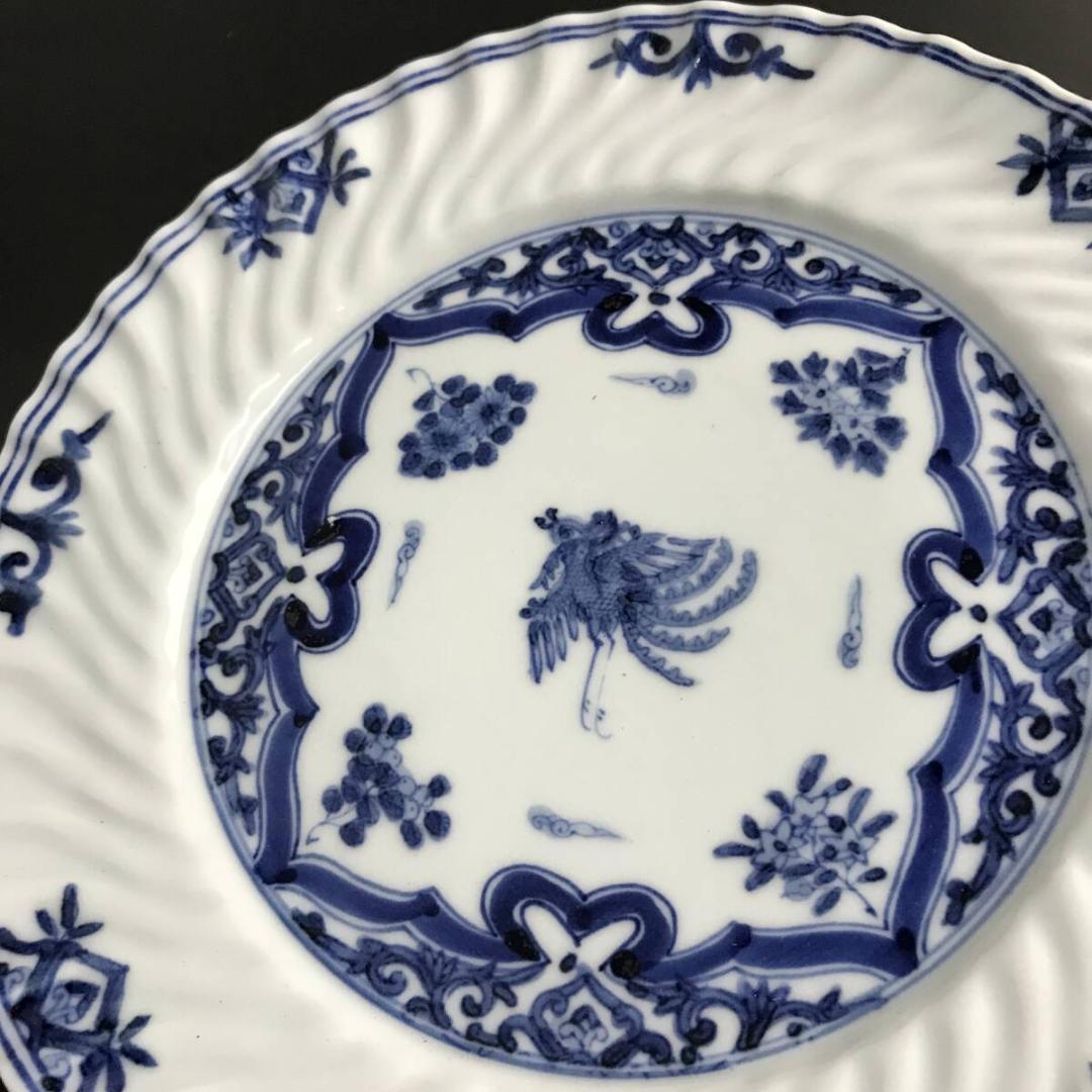 山本長左作 九谷焼 染付 花鳥文 皿 4客 輪花皿 径20cm×4 11㎝×1