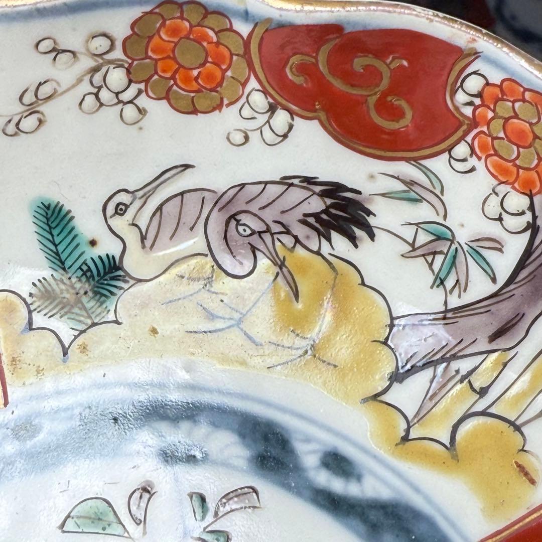 江戸中期〜後期　古伊万里　色絵柘榴文菊花形　なます皿　5枚　裏七宝結文　上物