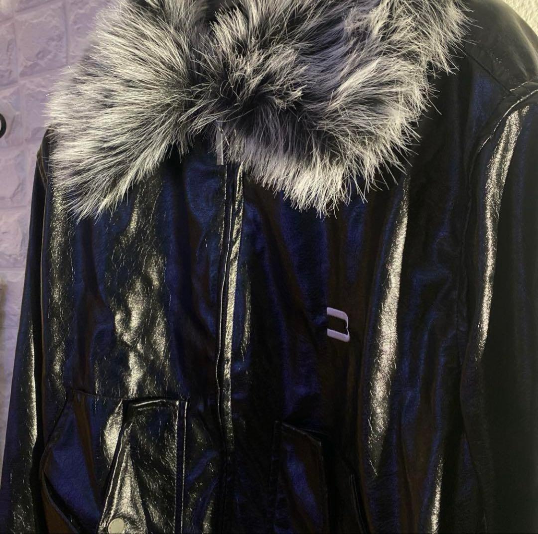 archive graphic】ファー付きレザーダウンジャケット y2k - メルカリ