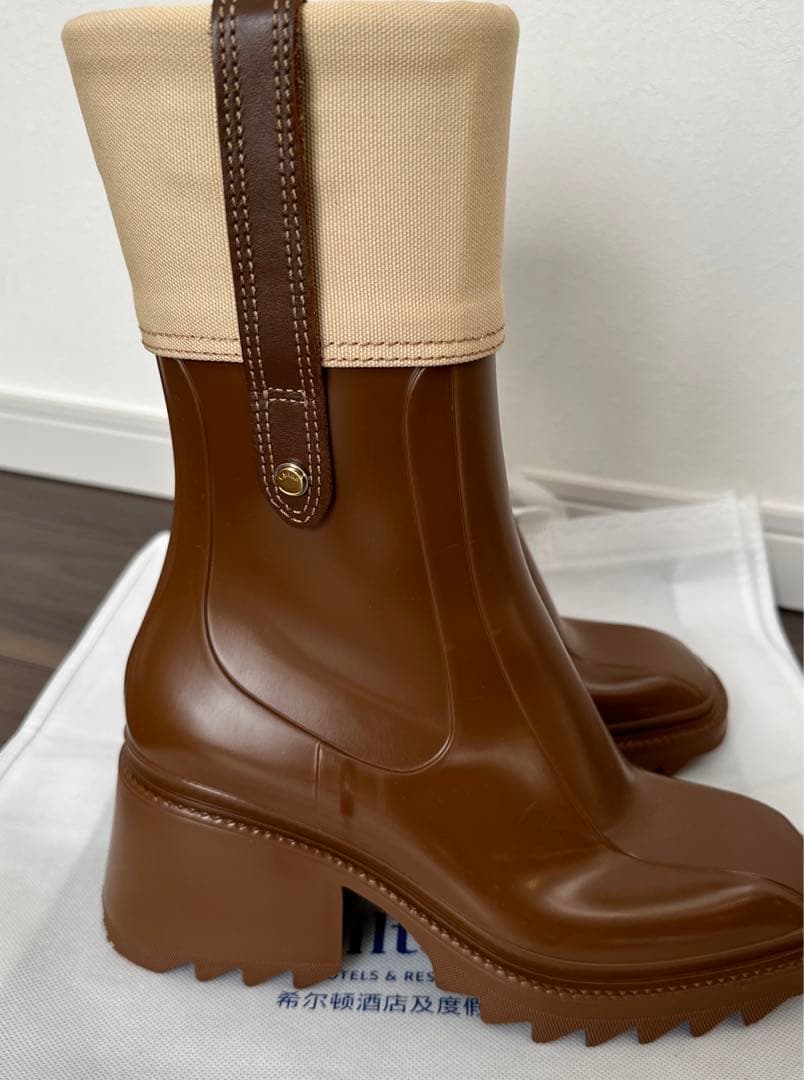 数回着用のみ♪ Chloe PVC キャンバスレインブーツ　ブラウン　晴雨兼用