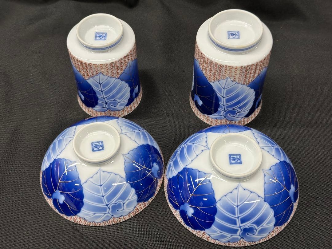 美品】香蘭社 染錦模様 磁芸工房 睦揃 夫婦 茶碗 湯呑 飯碗