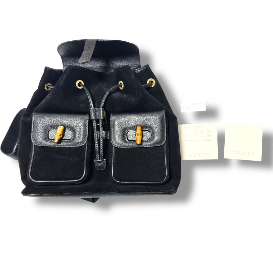 【美品】グッチ バンブー ハンドル スウェード バッグパック リュック ブラック