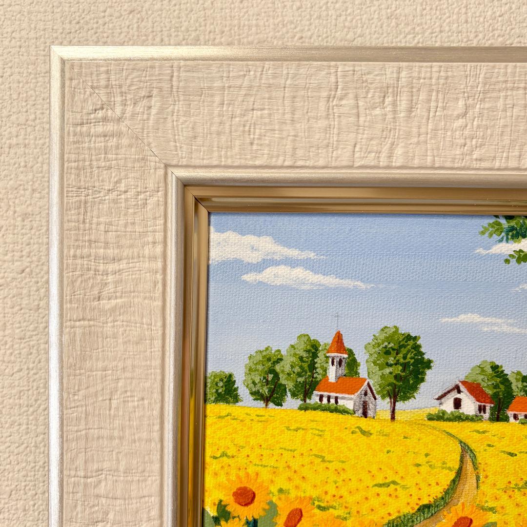 アクリル画 原画 「ひまわりの丘13」額縁付き SMサイズ 風景画