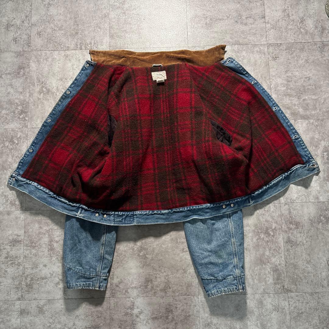 80s 白タグ　ラルフ　USA製　デニムジャケット　裏地ブランケット　XL 短丈