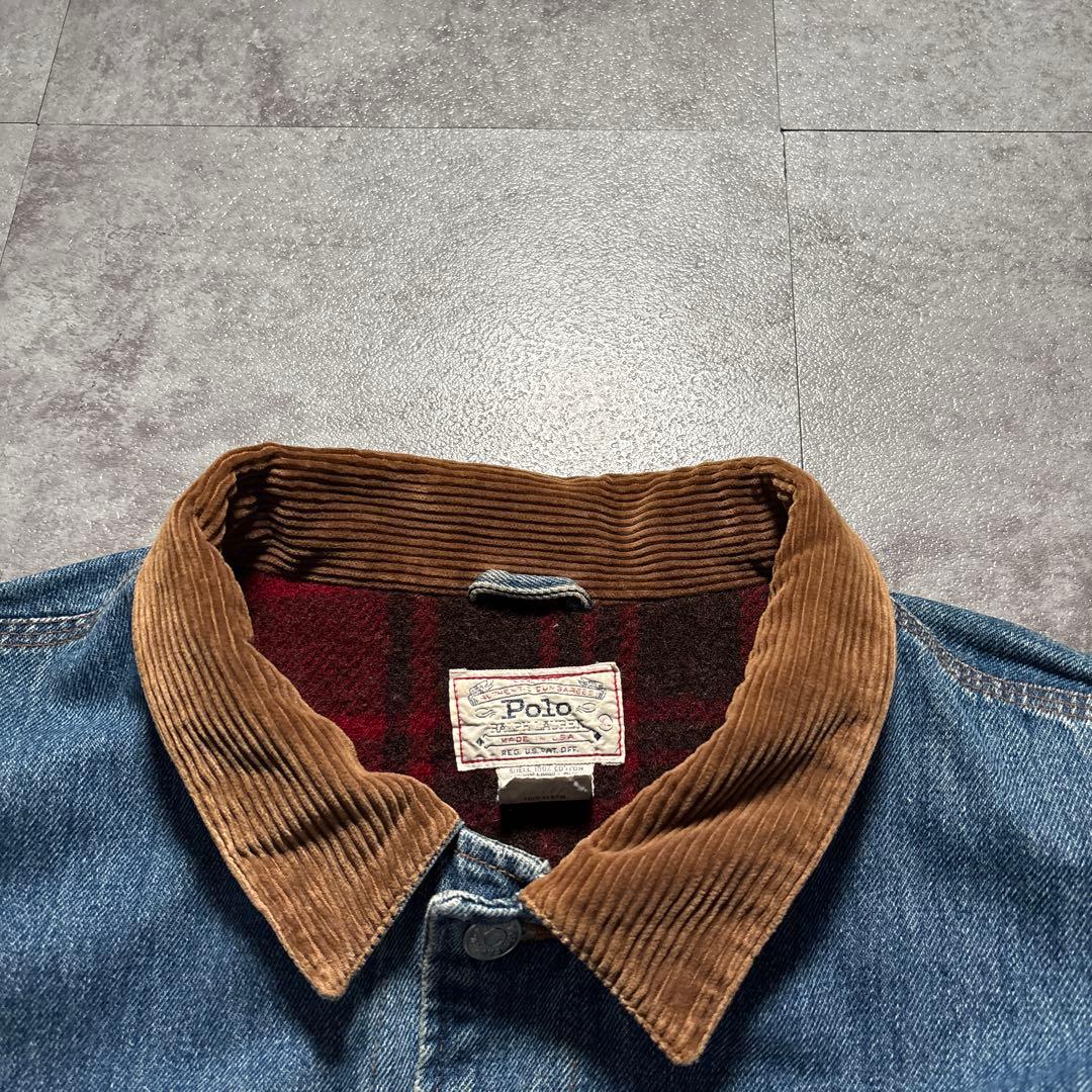 80s 白タグ　ラルフ　USA製　デニムジャケット　裏地ブランケット　XL 短丈