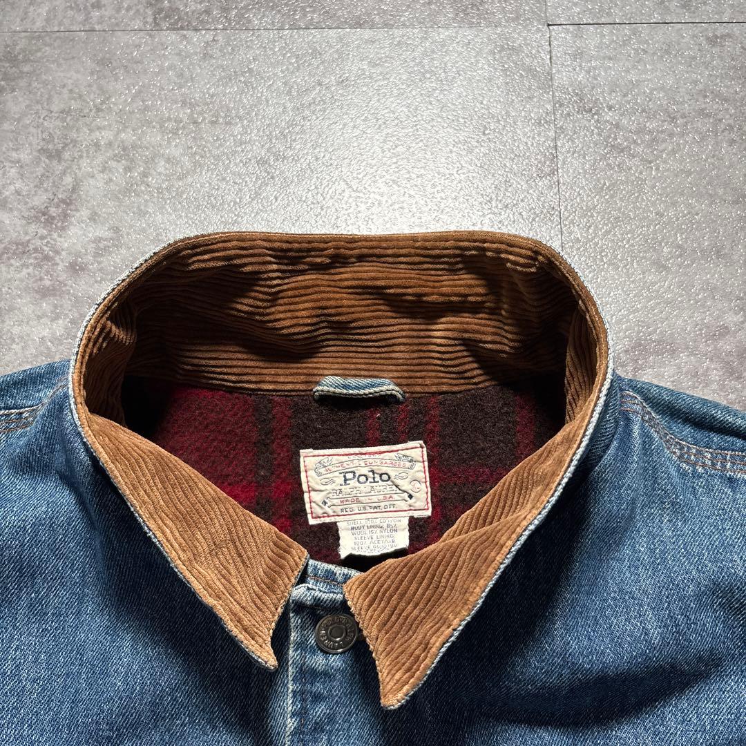 80s 白タグ　ラルフ　USA製　デニムジャケット　裏地ブランケット　XL 短丈