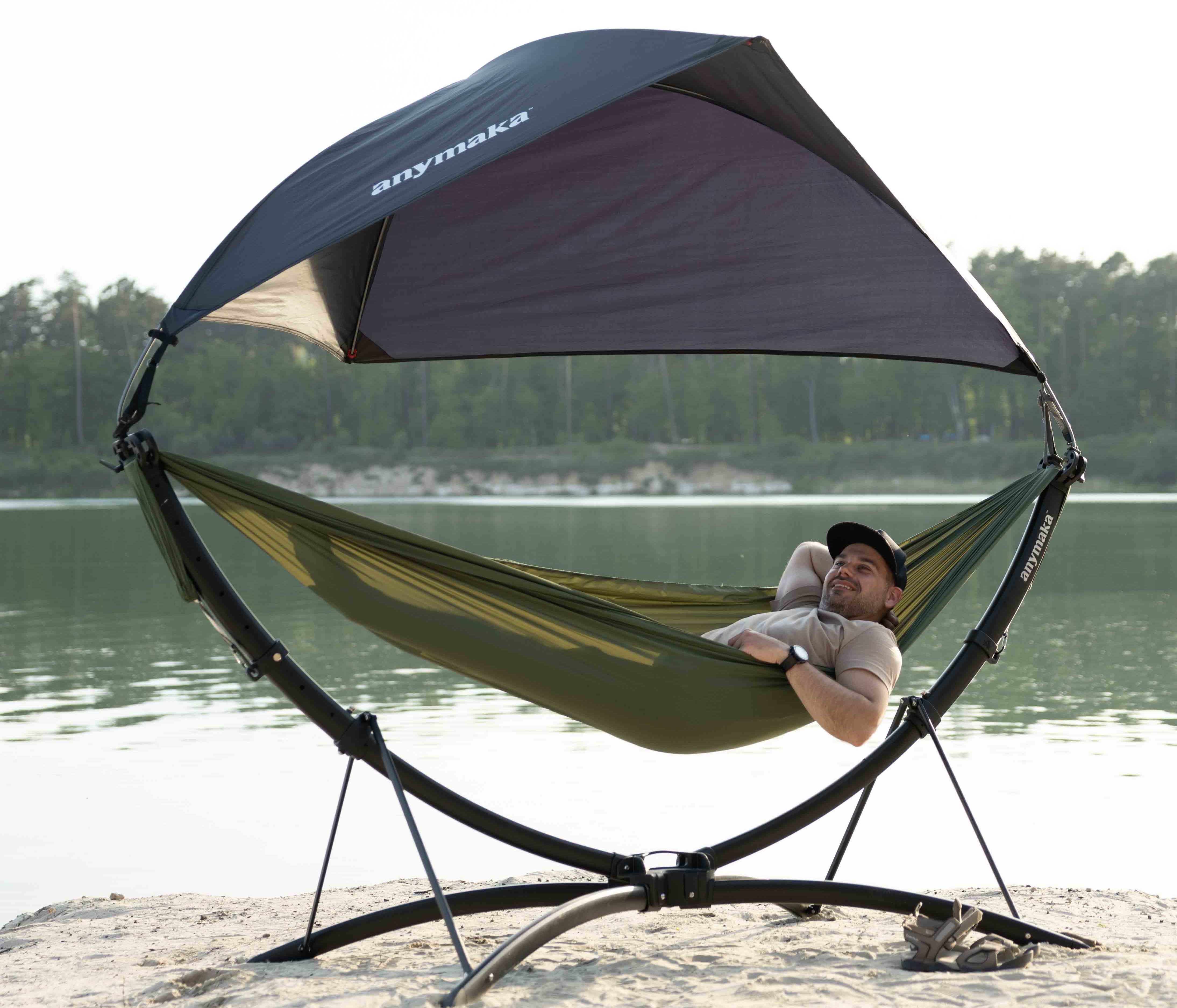 3秒で設置できるファミリーサイズハンモックスタンド「anymaka